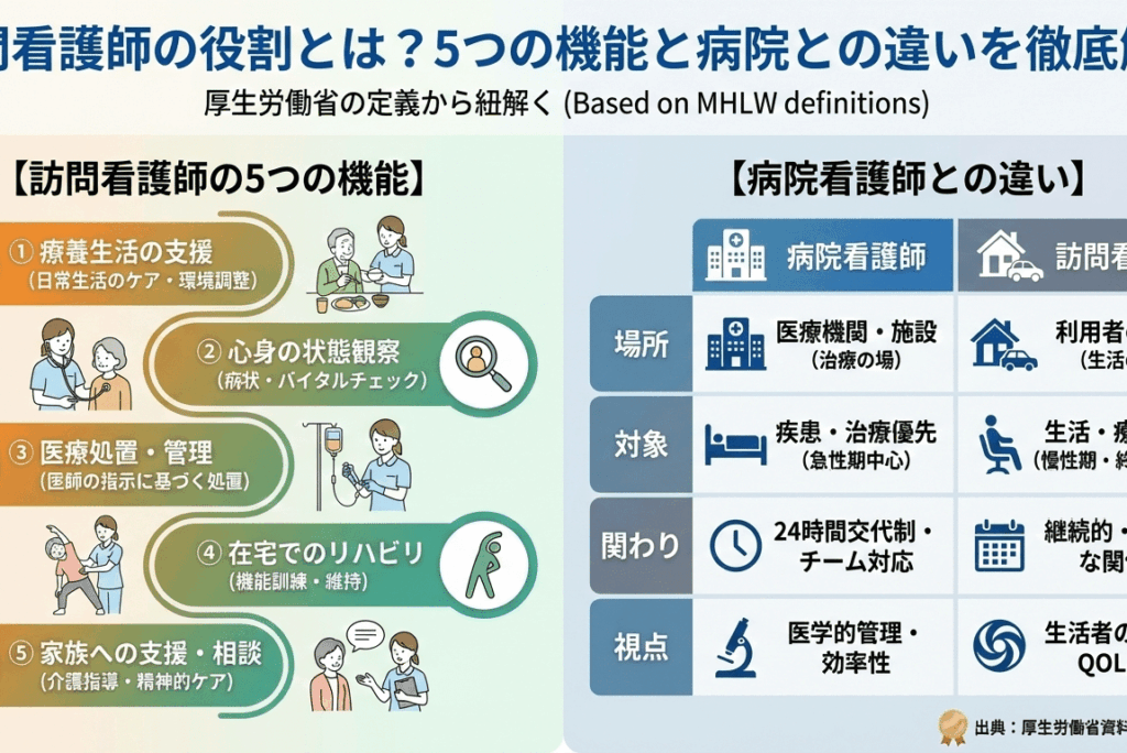 訪問看護師の役割とは？5つの機能と病院との違いを厚生労働省の定義から徹底解説