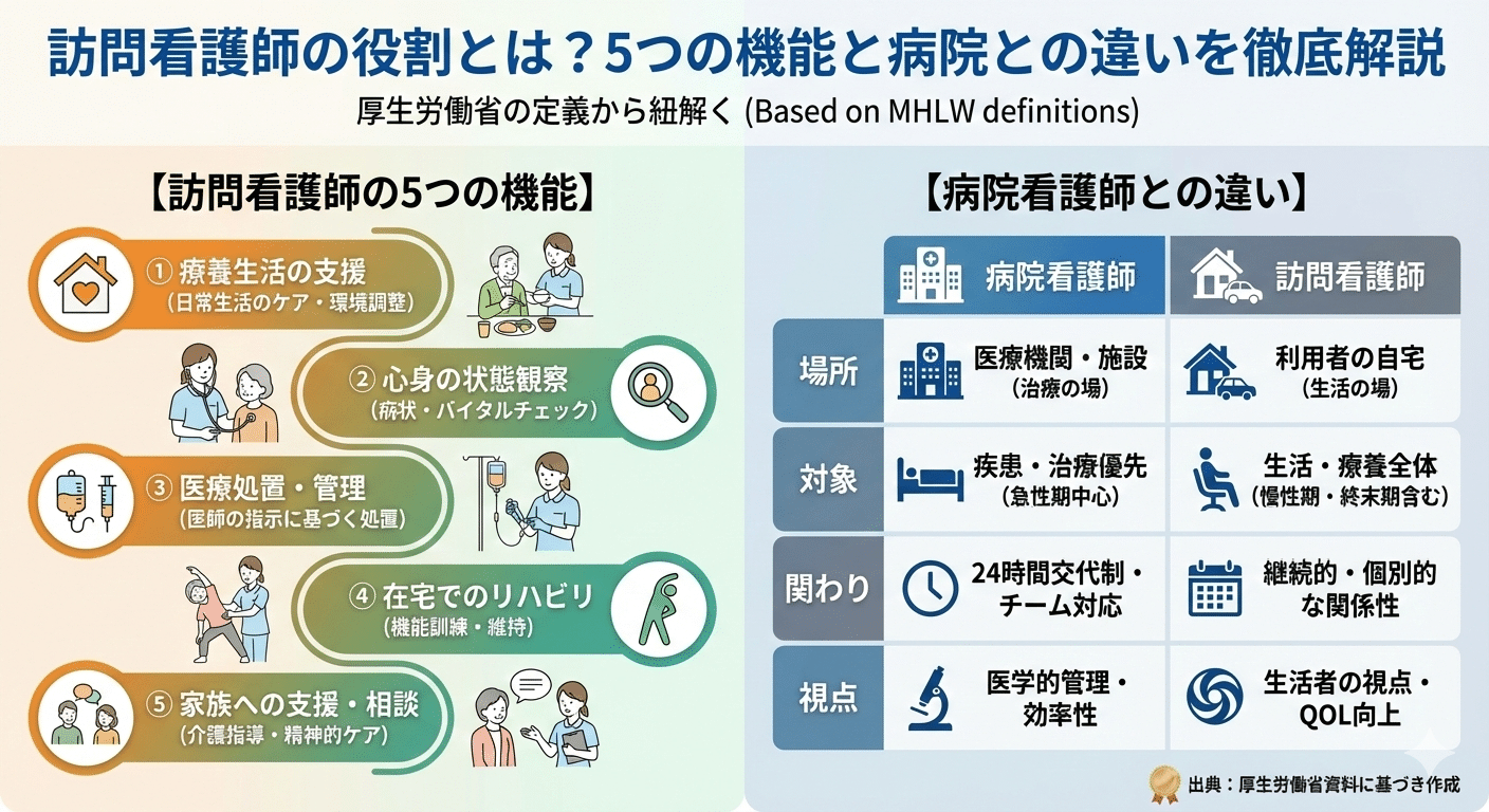 訪問看護師の役割とは？5つの機能と病院との違いを厚生労働省の定義から徹底解説