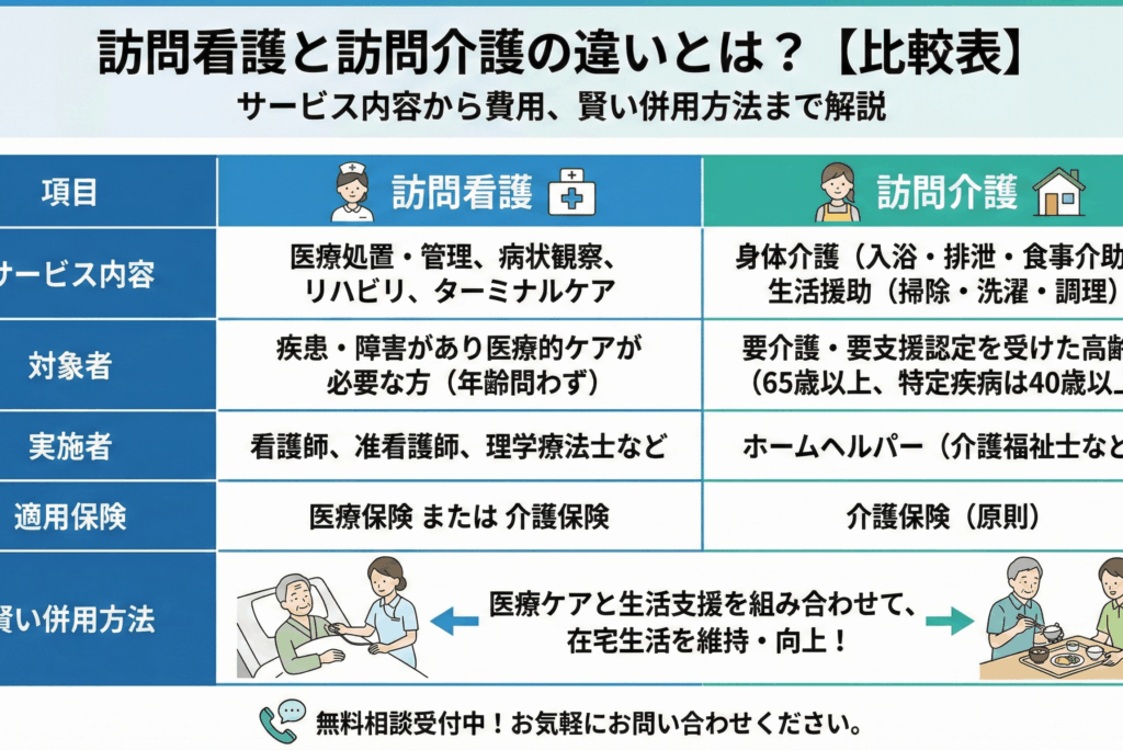 訪問看護と訪問介護の違いとは？【比較表】サービス内容から費用、賢い併用方法まで解説