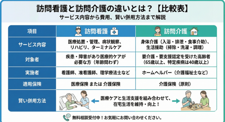 訪問看護と訪問介護の違いとは？【比較表】サービス内容から費用、賢い併用方法まで解説