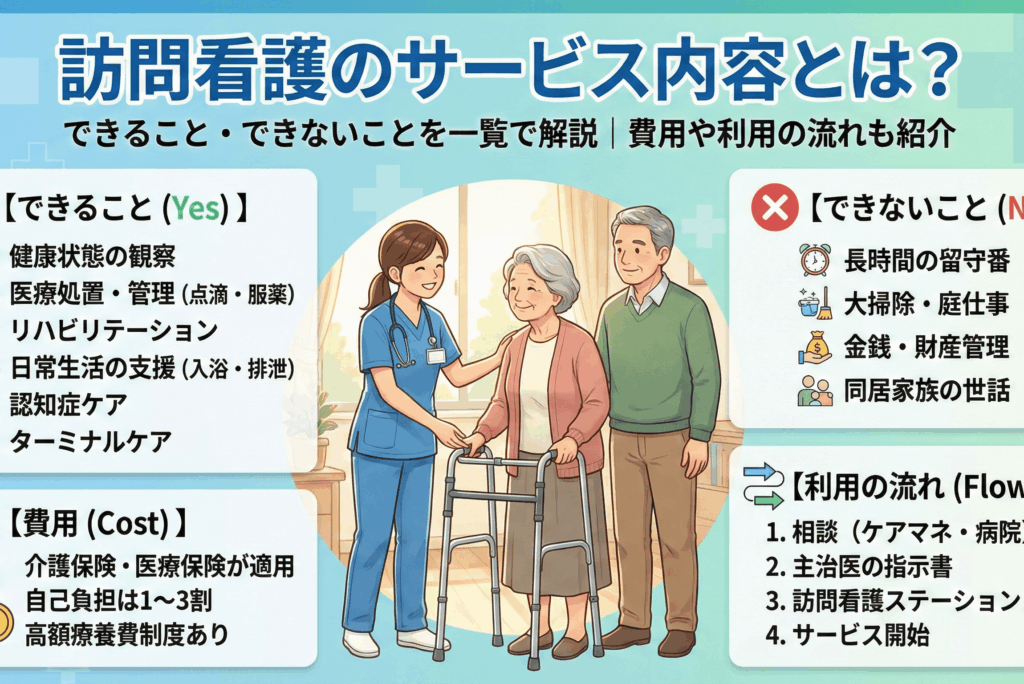 訪問看護のサービス内容とは？できること・できないことを一覧で解説｜費用や利用の流れも紹介