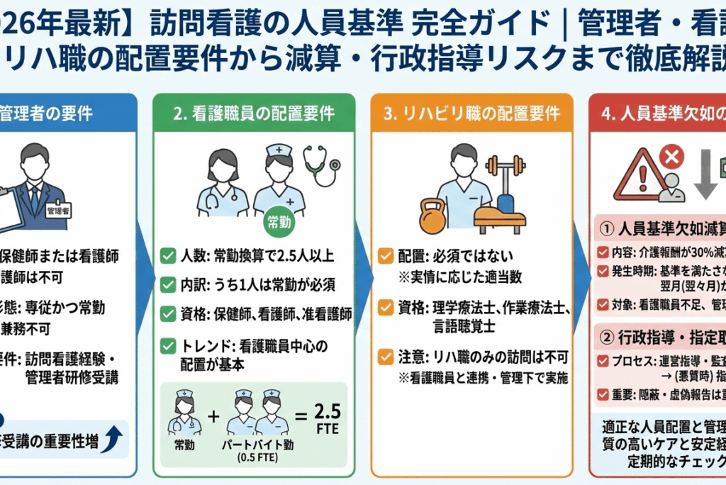 【2026年最新】訪問看護の人員基準を完全ガイド｜管理者・看護師・リハ職の配置要件から減算・行政指導リスクまで徹底解説
