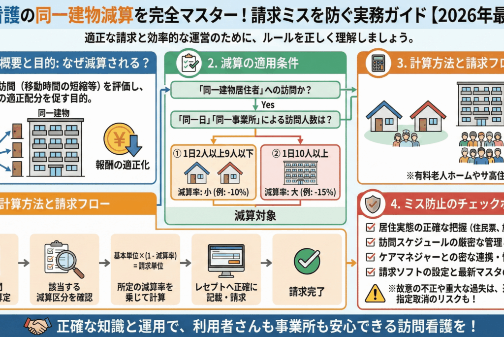 訪問看護の同一建物減算を完全マスター！請求ミスを防ぐ実務ガイド【2026年最新版】