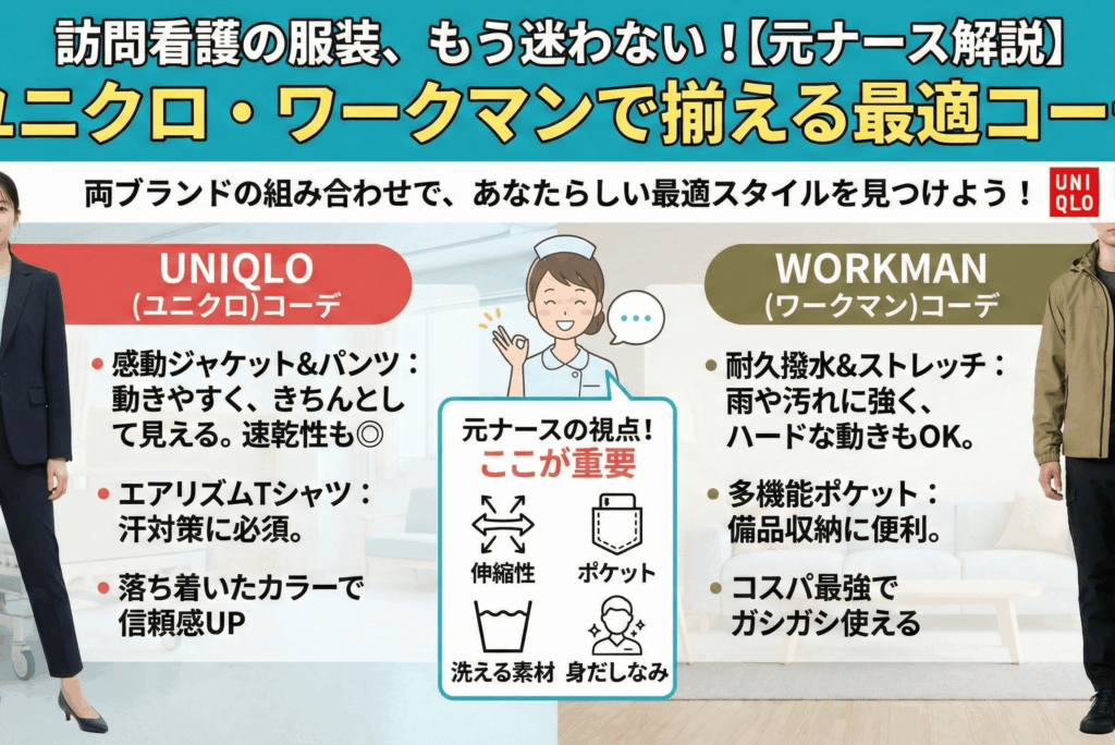 訪問看護の服装、もう迷わない！【元ナース解説】ユニクロ・ワークマンで揃える最適コーデ