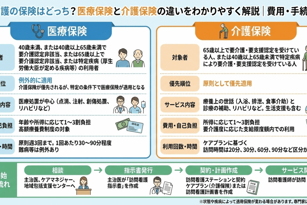 訪問看護の保険はどっち？医療保険と介護保険の違いをわかりやすく解説｜費用・手続きまで