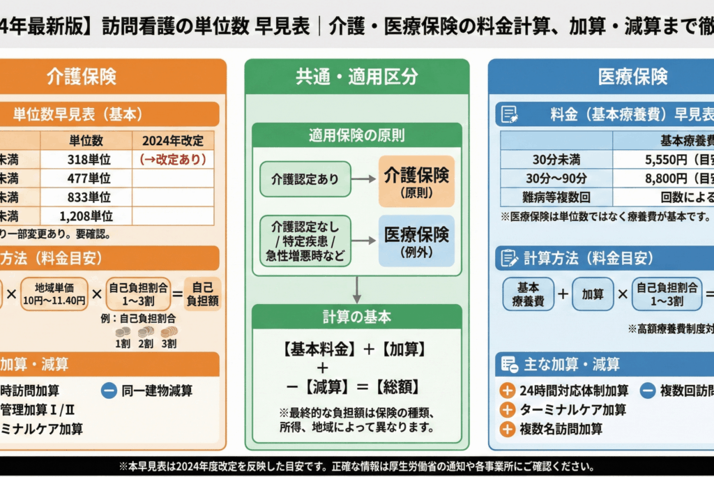 【2024年度改定対応】訪問看護の介護保険単位数まるわかり！料金早見表と自己負担額シミュレーション