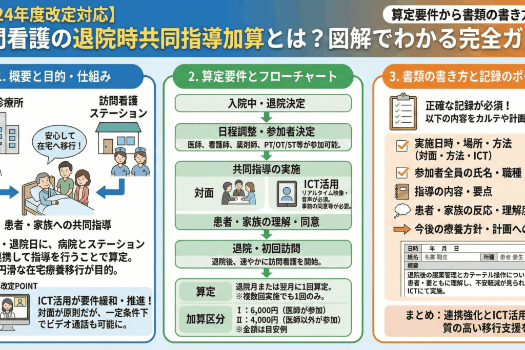 【2024年度改定対応】訪問看護の退院時共同指導加算とは？算定要件から書類の書き方まで図解でわかる完全ガイド