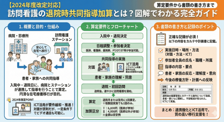 【2024年度改定対応】訪問看護の退院時共同指導加算とは？算定要件から書類の書き方まで図解でわかる完全ガイド