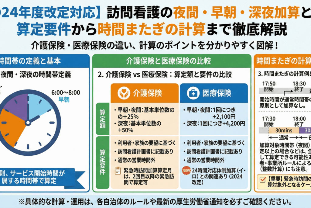 【2024年度改定対応】訪問看護の夜間・早朝・深夜加算とは？算定要件から時間またぎの計算まで徹底解説