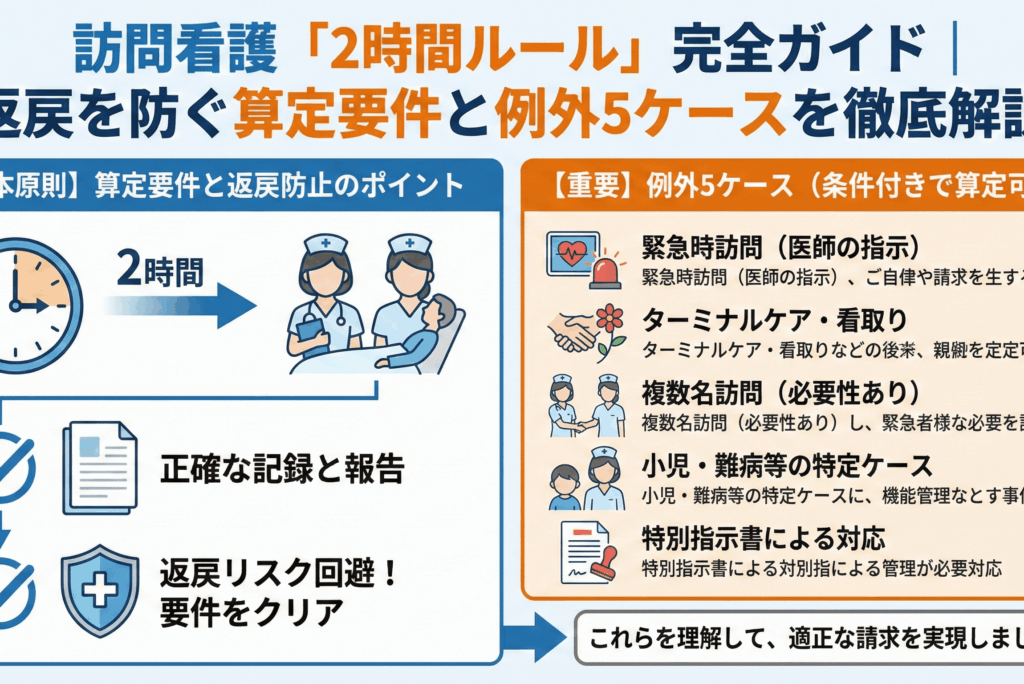 訪問看護「2時間ルール」完全ガイド｜返戻を防ぐ算定要件と例外5ケースを徹底解説