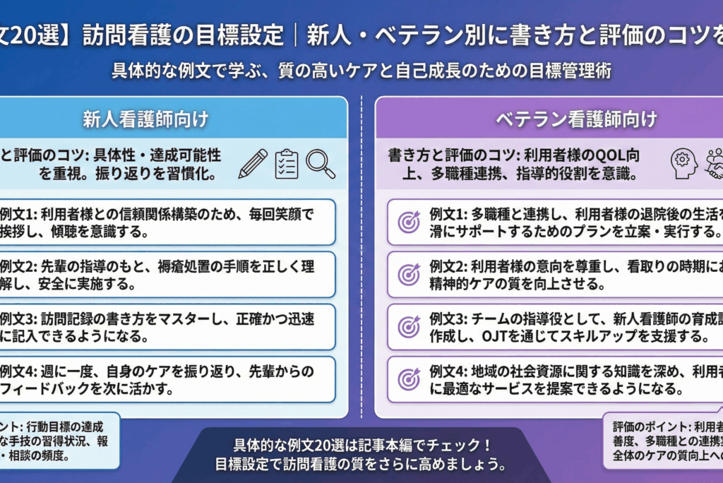 【例文20選】訪問看護の目標設定｜新人・ベテラン別に書き方と評価のコツを解説
