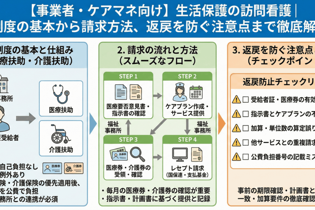 【事業者・ケアマネ向け】生活保護の訪問看護｜制度の基本から請求方法、返戻を防ぐ注意点まで徹底解説