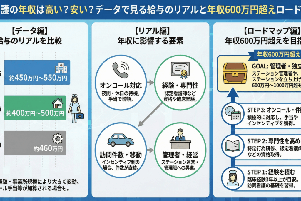 訪問看護の年収は高い？安い？データで見る給与のリアルと年収600万円超えロードマップ
