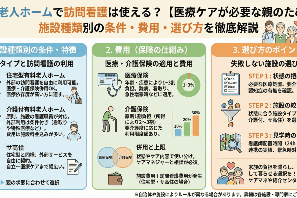 有料老人ホームで訪問看護は使える？【医療ケアが必要な親のために】施設種類別の条件・費用・選び方を徹底解説