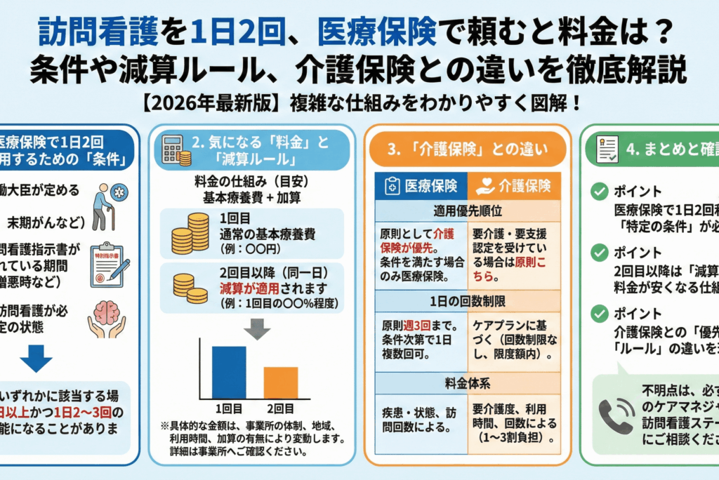 訪問看護を1日2回、医療保険で頼むと料金は？条件や減算ルール、介護保険との違いを徹底解説