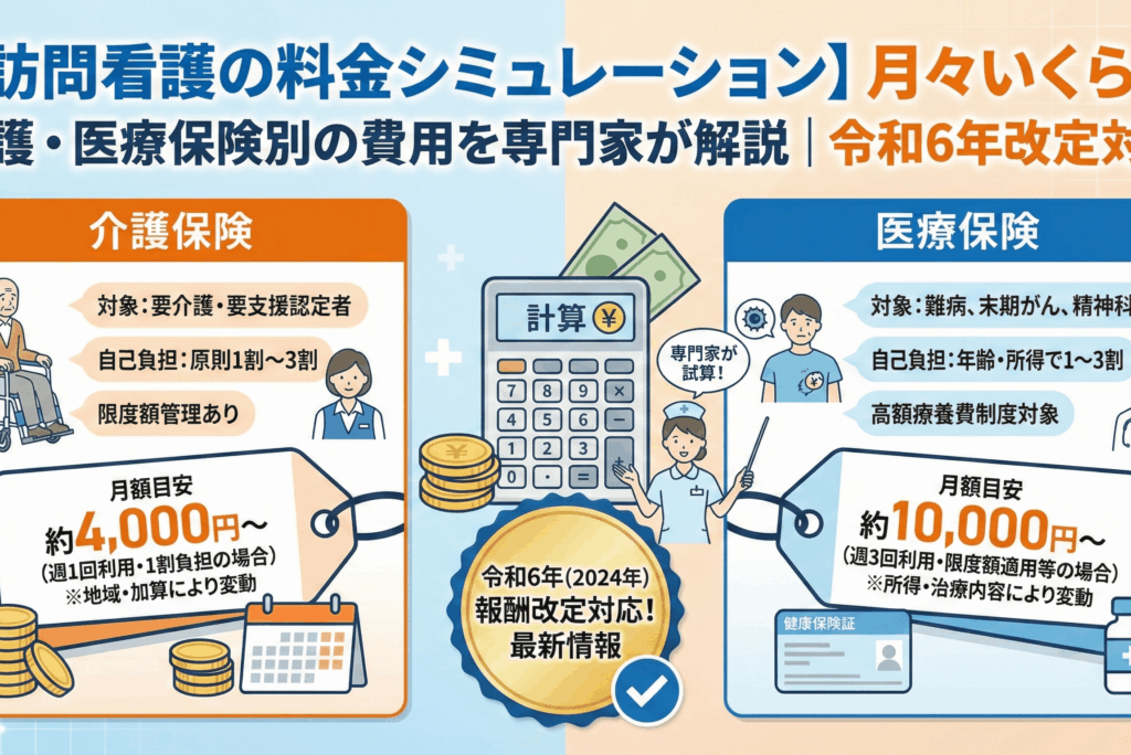 【訪問看護の料金シミュレーション】月々いくら？介護・医療保険別の費用を専門家が解説｜令和6年改定対応