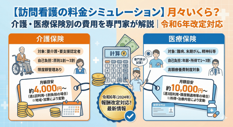 【訪問看護の料金シミュレーション】月々いくら？介護・医療保険別の費用を専門家が解説｜令和6年改定対応