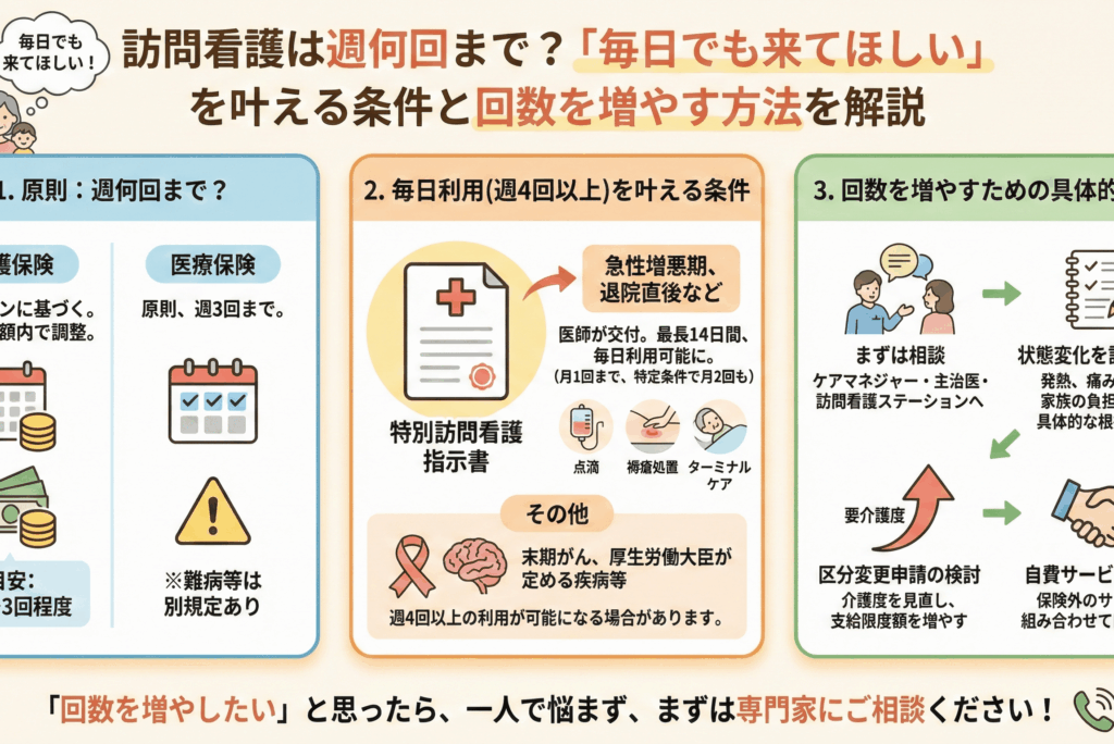 訪問看護は週何回まで？「毎日でも来てほしい」を叶える条件と回数を増やす方法を解説