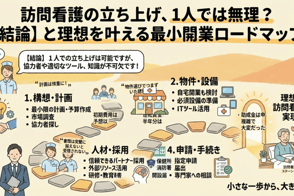 訪問看護の立ち上げ、1人では無理？【結論】と理想を叶える最小開業ロードマップ