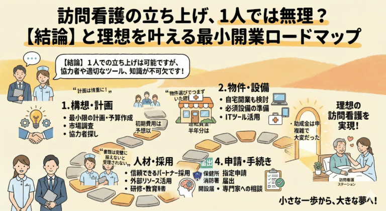 訪問看護の立ち上げ、1人では無理？【結論】と理想を叶える最小開業ロードマップ