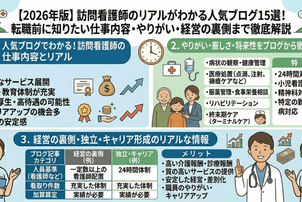 【2026年版】訪問看護師のリアルがわかる人気ブログ15選！転職前に知りたい仕事内容・やりがい・経営の裏側まで徹底解説