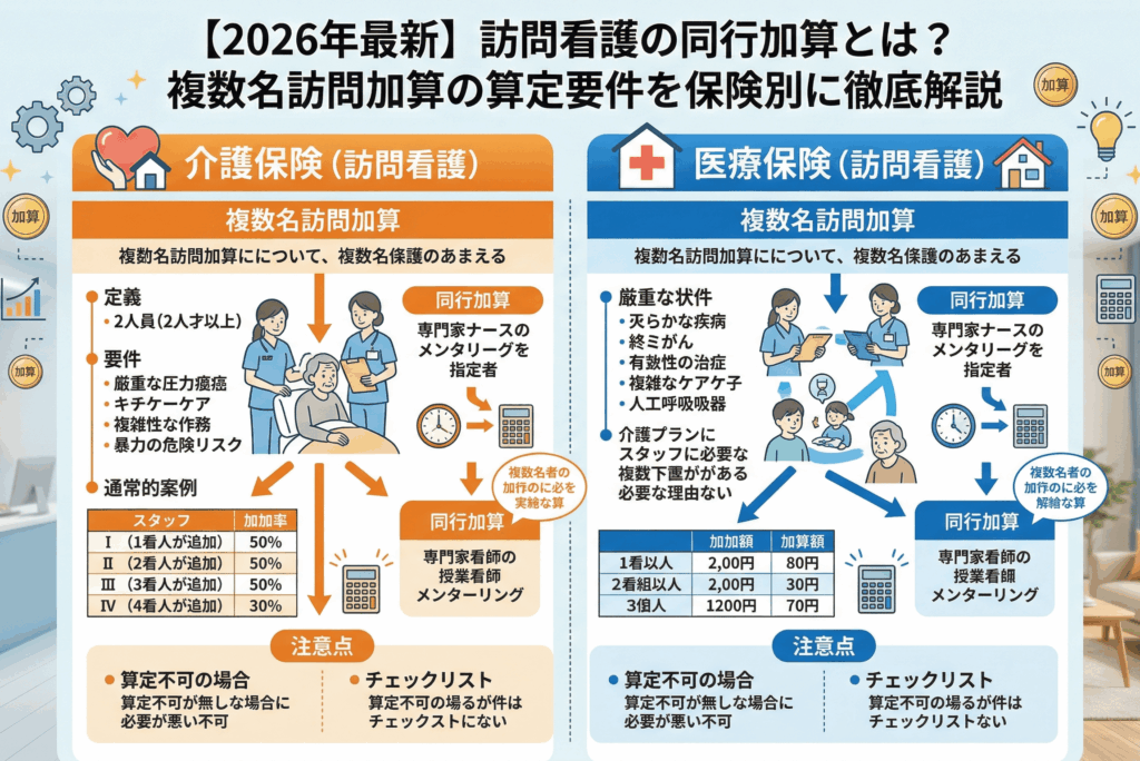 【2026年最新】訪問看護の同行加算とは？複数名訪問加算の算定要件を保険別に徹底解説