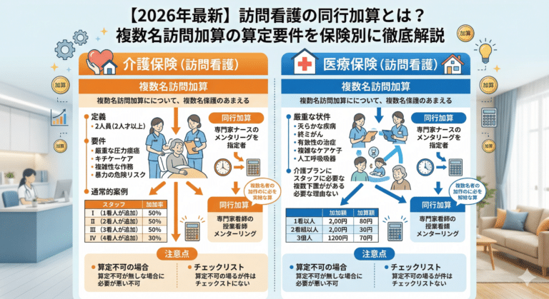 【2026年最新】訪問看護の同行加算とは？複数名訪問加算の算定要件を保険別に徹底解説